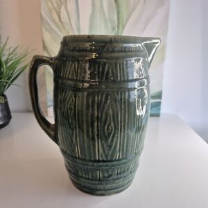 Antique McCoy Green-Glazed Large Ceramic Barrel Pitcher